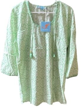 NWT Tara Michele Mint Green Geometric Cotton Tunic Blouse L Boho Resort